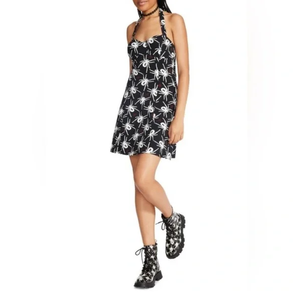 ❌SOLD❌ NWT [Betsey Johnson] Stretchy Black & White Spider Halter Dress Women’s L - Picture 2 of 11